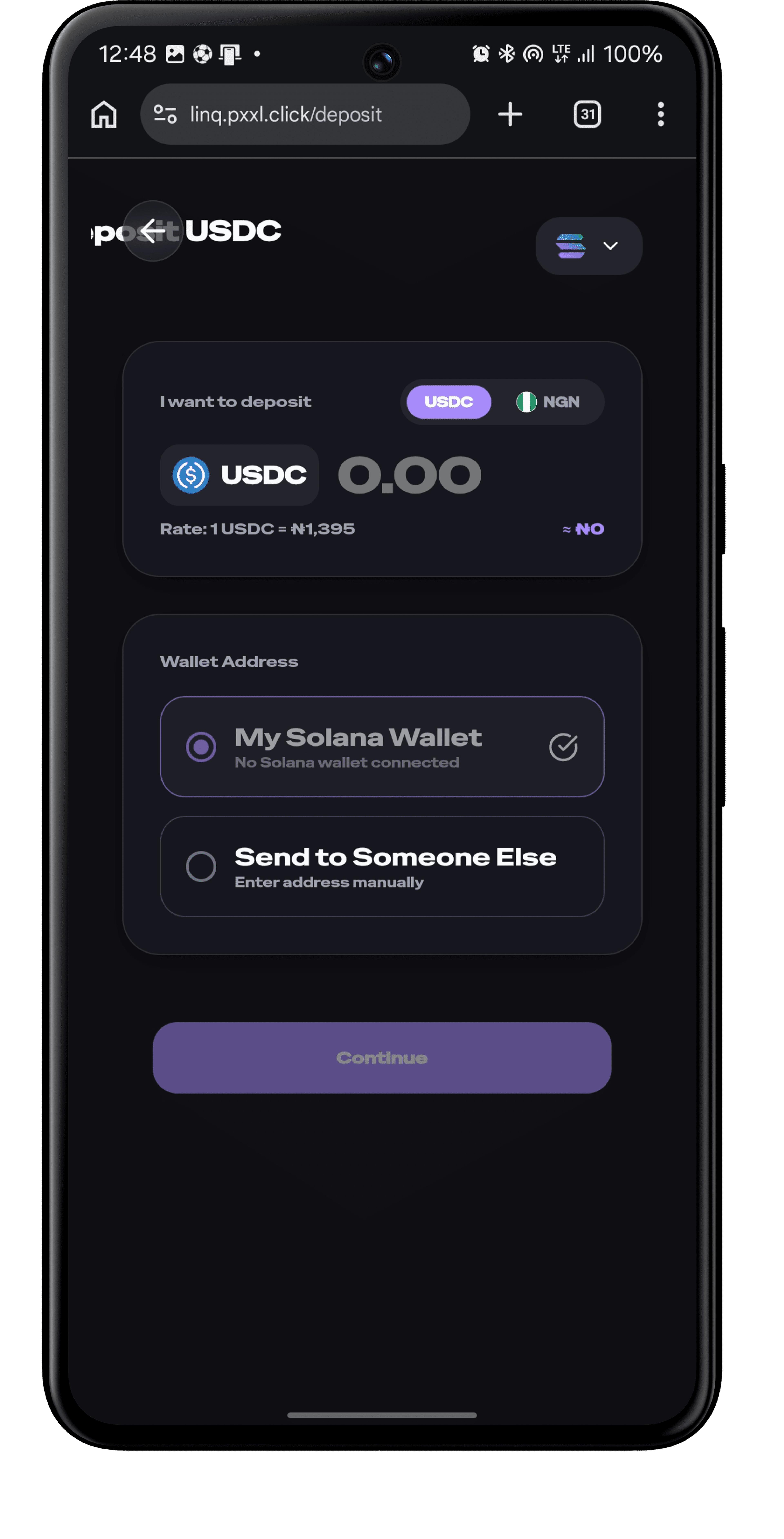 Buy crypto with naira flow on LINQ mobile
