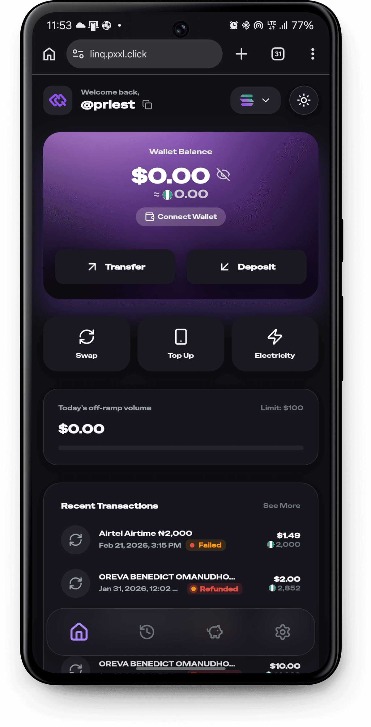 LINQ app dashboard on mobile